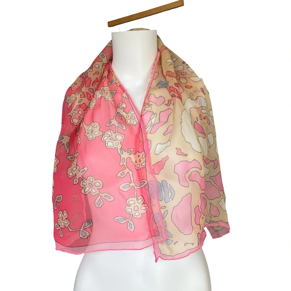 Vintage Sheer Silk Feel Scarf Hot Pink Floral Lightweight